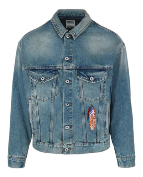 Marcelo Burlon Feathers Vintage Wash Denim Jacket Blue