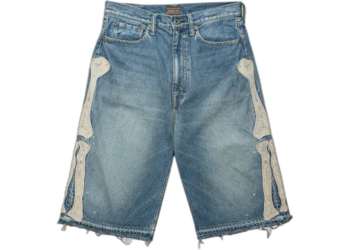 Kapital 14 Oz Denim 5P Bone Embroidery Shorts Light Indigo