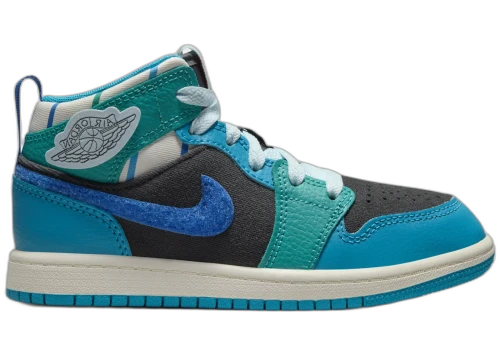 Jordan 1 Mid Sneaker School Anthracite Aquatone New Emerald Glacier Blue (PS)