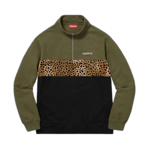 Supreme Leopard Panel Half Zip Sweatshirt 'Dark Olive'