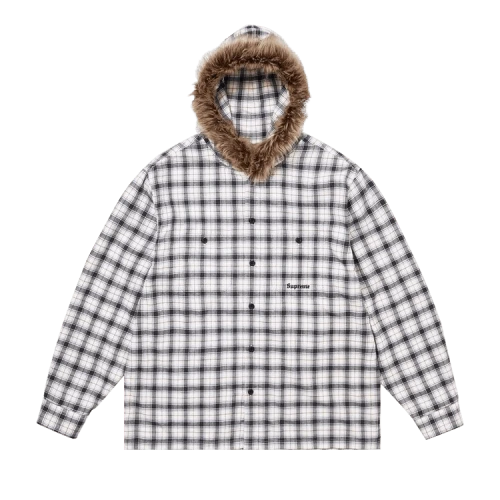 Supreme Fur Trim Flannel Hooded Shirt 'White Plaid'