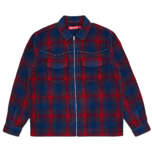 Supreme Studded Shadow Plaid Zip Up Shirt 'Navy'