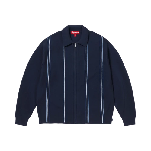 Supreme Stripe Zip Up Polo Sweater 'Navy'