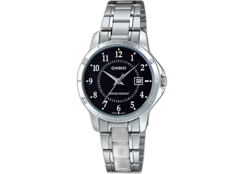Casio Women’s Silver Bracelet Watch with Black Dial LTP-V004D-1BUDF