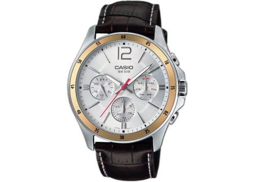 Casio Men’s Silver Dial Chronograph Leather Watch with Gold-Tone Bezel MTP-1374L-7AV