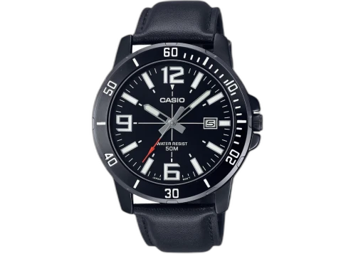 Casio Men’s Black Analog Watch with Date Display and Leather Band MTP-VD01BL-1BV