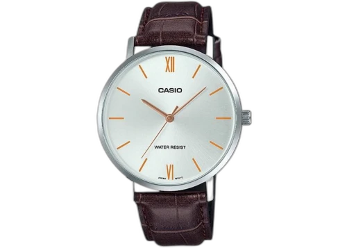 Casio Men’s Silver Analog Watch with Orange Accents and Brown Leather Strap MTP-VT01L-7B2