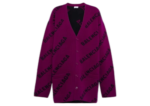 Balenciaga Logo Intarsia Wool Cardigan Purple