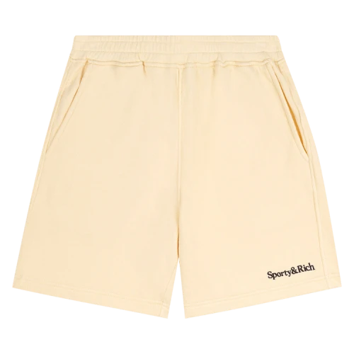 Sporty & Rich Serif Logo Soft Gym Shorts 'Almond/Navy'