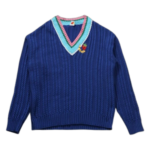 Sky High Farm Workwear V-Neck Striped Cableknit Sweater 'Blue'