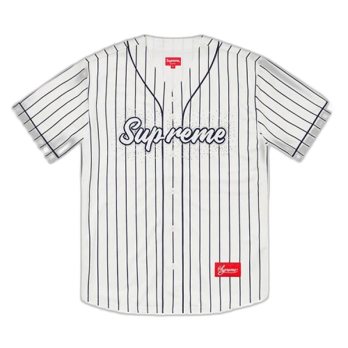 Supreme Rhinestone Baseball Jersey 'Pinstripe'