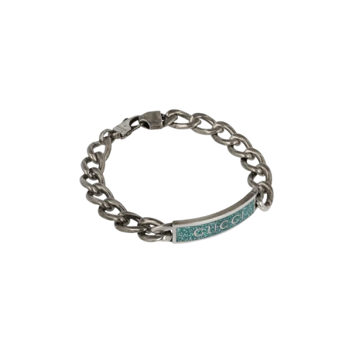 Gucci Sterling Silver Bracelet with Turquoise Logo Plaque Silver