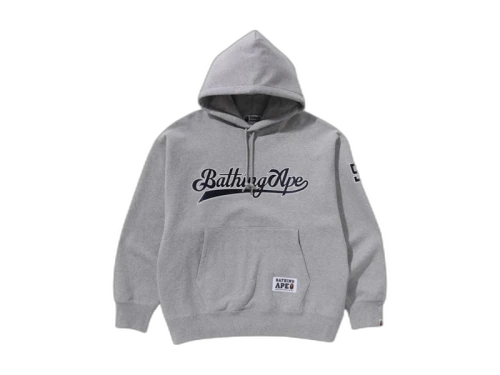 BAPE Baseball Logo Relaxed Fit Pullover Hoodie Grey
