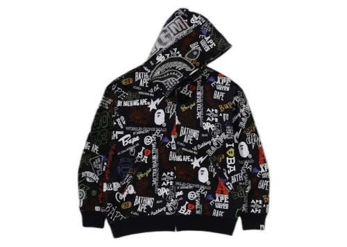 BAPE Hand Draw Pattern Shark Zip Hoodie Black