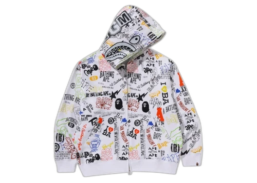 BAPE Hand Draw Pattern Shark Zip Hoodie White