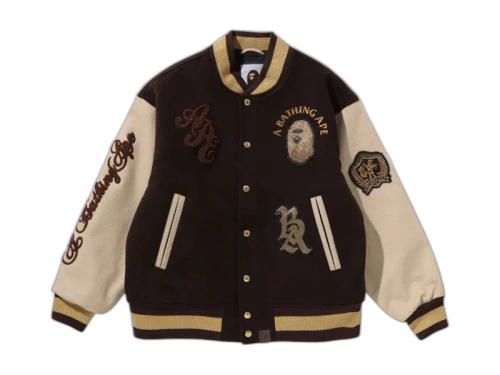 BAPE Line Camo Multi Logo Wool Varsity Jacket Brown