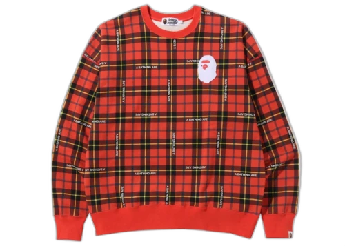 BAPE Logo Check Loose Fit Crewneck Red