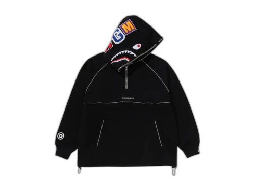 BAPE Shark Logo Half Zip Relaxed Fit Pullover Hoodie Black
