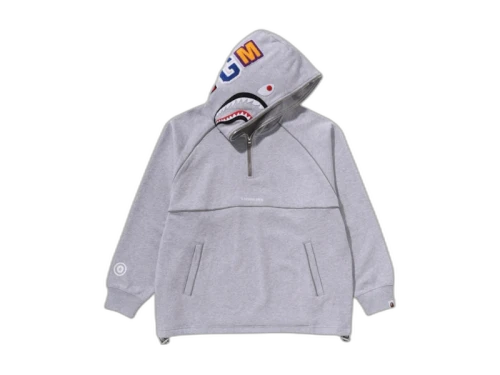 BAPE Shark Logo Half Zip Relaxed Fit Pullover Hoodie Grey