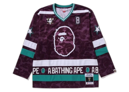BAPE x Mitchell & Ness NHL Anaheim Ducks Mesh Hockey Jersey L/S Tee Purple