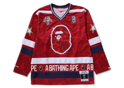 BAPE x Mitchell & Ness NHL Florida Panthers Mesh Hockey Jersey L/S Tee Red