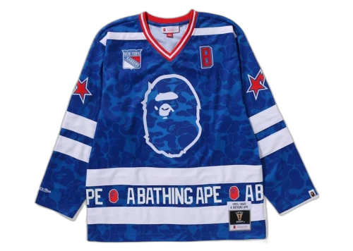 BAPE x Mitchell & Ness NHL New York Rangers Mesh Hockey Jersey L/S Tee Blue