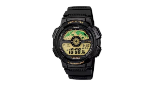 Casio Men’s Black Digital World Time Watch with Gold-Tone Display AE-1100W-1BV-NOBX-EW
