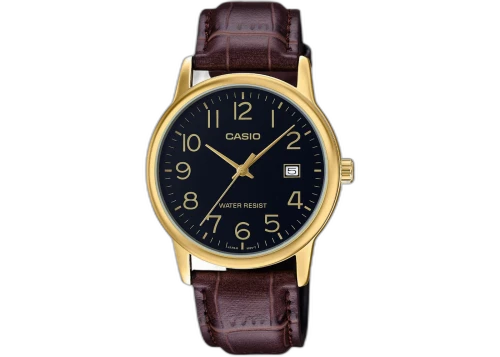Casio Men’s Gold Watch with Black Dial and Brown Leather Band MTP-V002GL-1BUDF