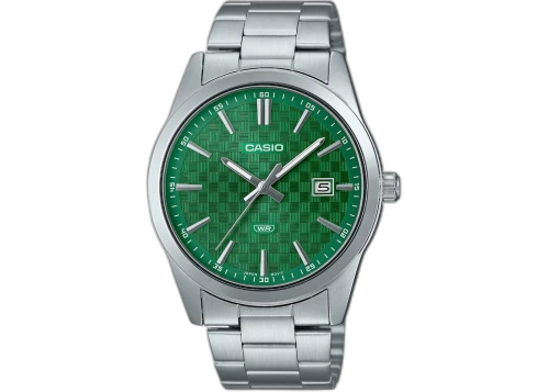 Casio Men’s Silver Stainless Steel Watch with Green Textured Dial MTP-VD03D-3A1UDF