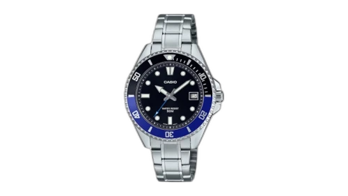 Casio Men’s Stainless Steel Watch with Black Dial and Black-Blue Bezel MDV-10D-1A2VDF