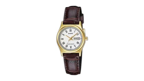 Casio Women’s Gold-Tone Analog Watch with White Dial and Brown Leather Strap LTP-V006GL-7BUDF