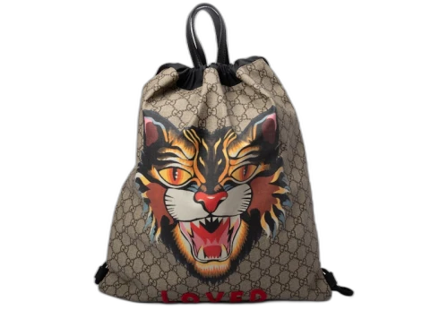 Gucci GG Supreme Soft Drawstring Backpack Angry Cat Print Beige/Black