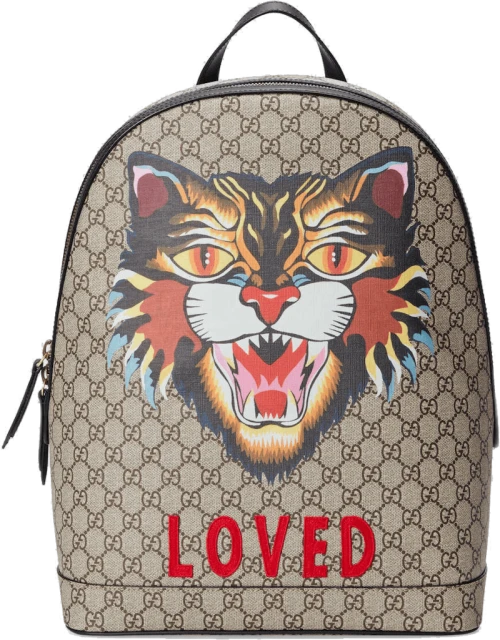 Gucci GG Supreme Angry Cat Backpack Monogram GG Embroidered Cat Beige/Black/Multicolor