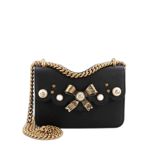 Gucci Peony Chain Shoulder GG Gold Bow Accent/ Faux Pearl/ GG Logo Small Black