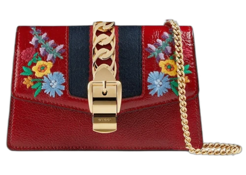 Gucci GG Super Mini Sylvie Embroidered Chain Wallet Bag Red