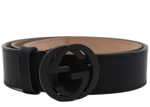 Gucci Leather Belt Interlocking G Matte Black Buckle Navy Blue