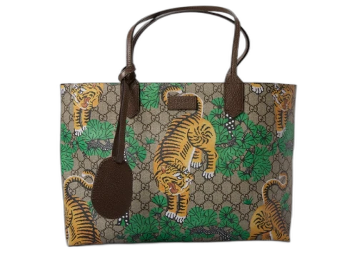 Gucci Handle Bag Tote Monogram GG Supreme Bengal Print Medium Beige/Ebony/Green
