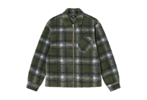 Stussy Shadow Plaid Sherpa Zip Shirt Olive (FW22)