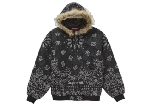 Supreme Bandana Jacquard Denim Hooded Work Jacket Black