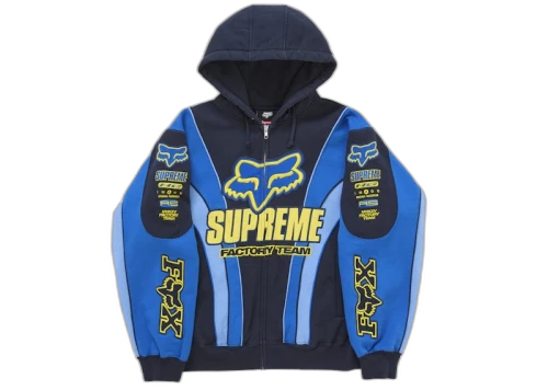 Supreme Fox Racing Zip Up Hooded Sweatshirt Blue