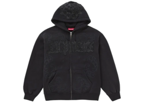 Supreme Leather Applique Zip Up Hooded Sweatshirt Black