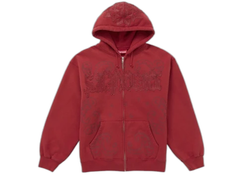 Supreme Leather Applique Zip Up Hooded Sweatshirt Burnt Red