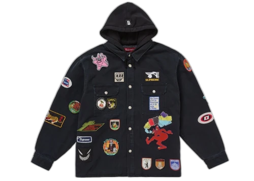 Supreme Patches Hooded Zip Up Shirt Black