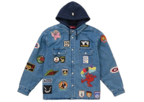 Supreme Patches Hooded Zip Up Shirt Denim