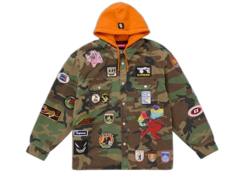 Supreme Patches Hooded Zip Up Shirt Woodland Camo
