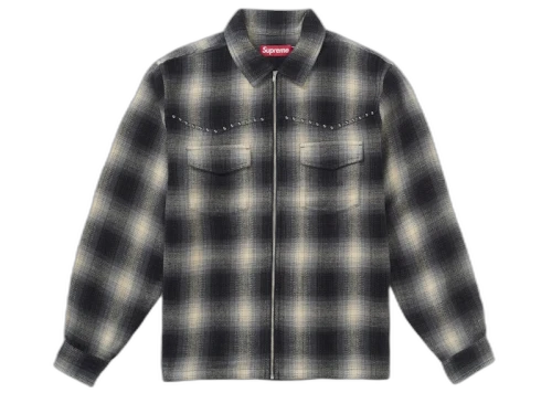 Supreme Studded Shadow Plaid Zip Up Shirt Black