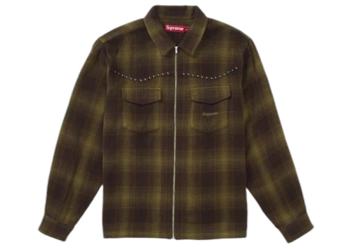 Supreme Studded Shadow Plaid Zip Up Shirt Green