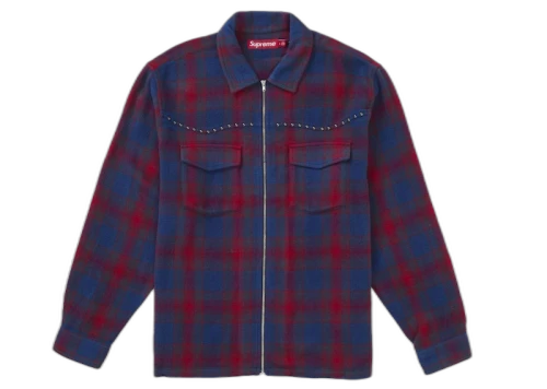 Supreme Studded Shadow Plaid Zip Up Shirt Red