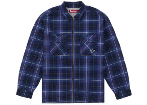 Supreme Thermal Lined Zip Up Flannel Shirt Blue